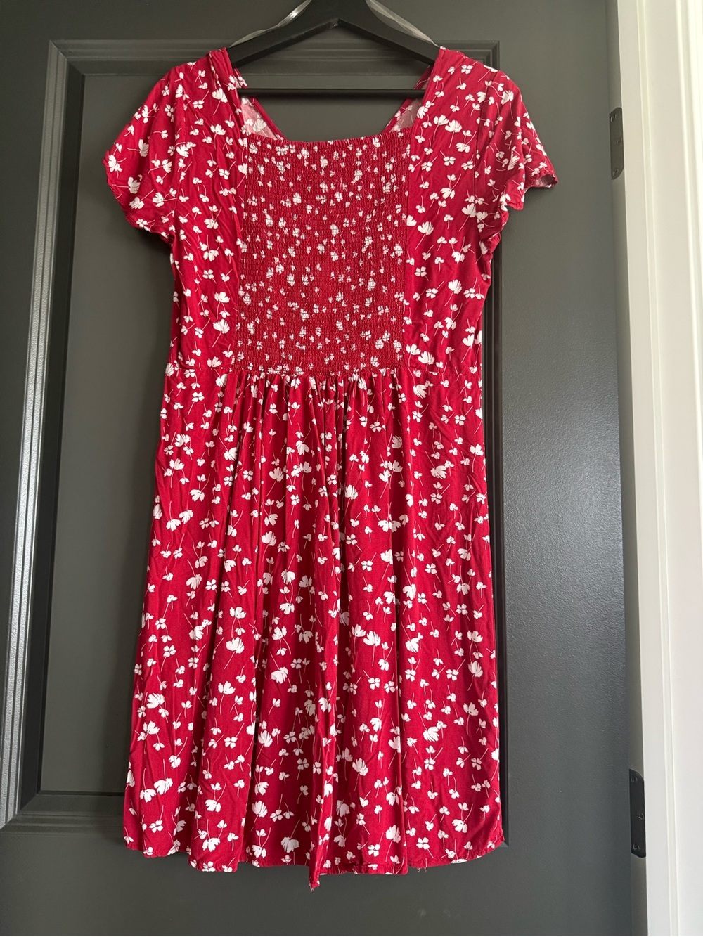 Old Navy Red Floral Smocked Dress with White Print